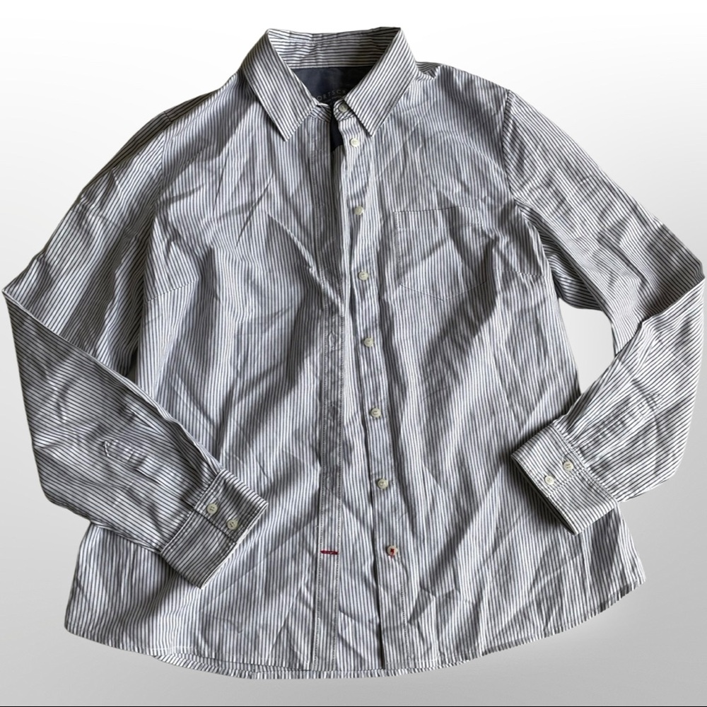SPORTSCRAFT sz 12 cotton blouse shirt Oxford pinpoint white with navy pin stripe - Picture 3 of 10